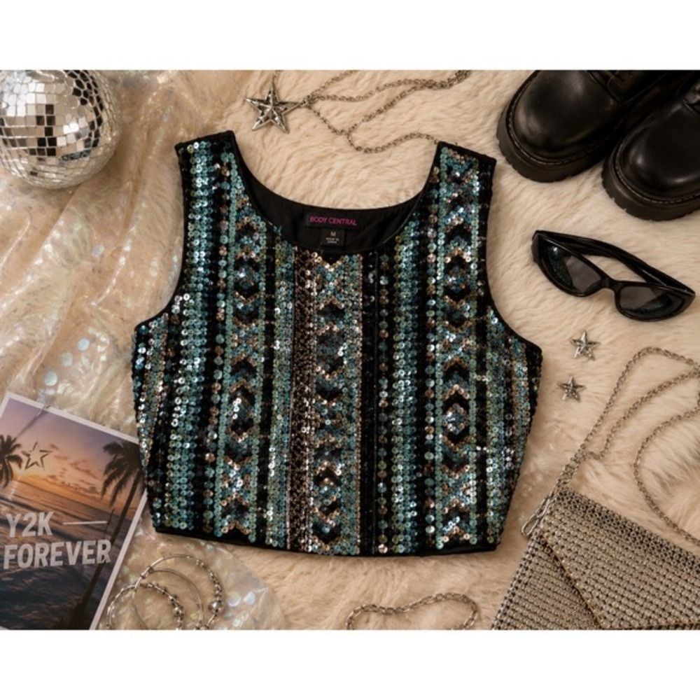Y2K Body Central Sequin Crop Top Medium Blue Black Beaded Festival Party Glam